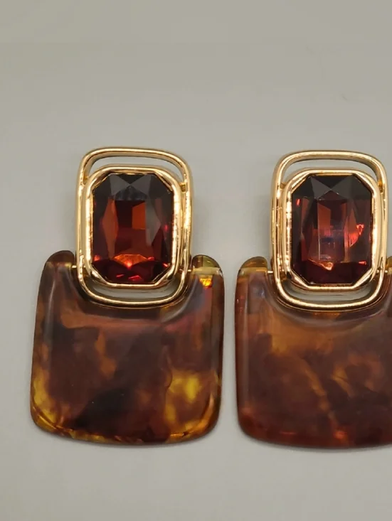 Vintage Retro Large Crystal Rootbeer Geometric Doorknocker Gold Drop Earrings - Picture 13 of 14